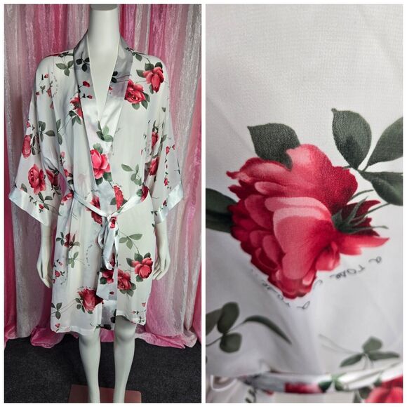 Sophia by Delicates  Kimono Short Rose Floral Semi Sheer Robe Size Medium - Picture 1 of 12